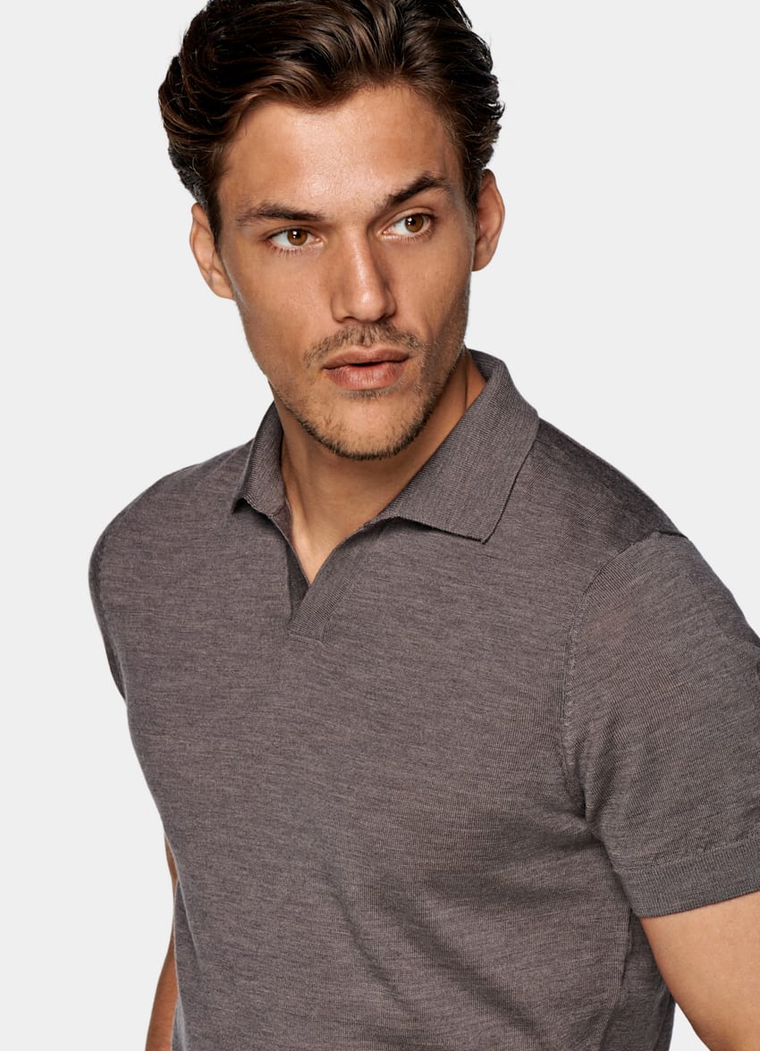 Taupe Buttonless Polo Shirt | Pure Merino Wool | Suitsupply Online Store