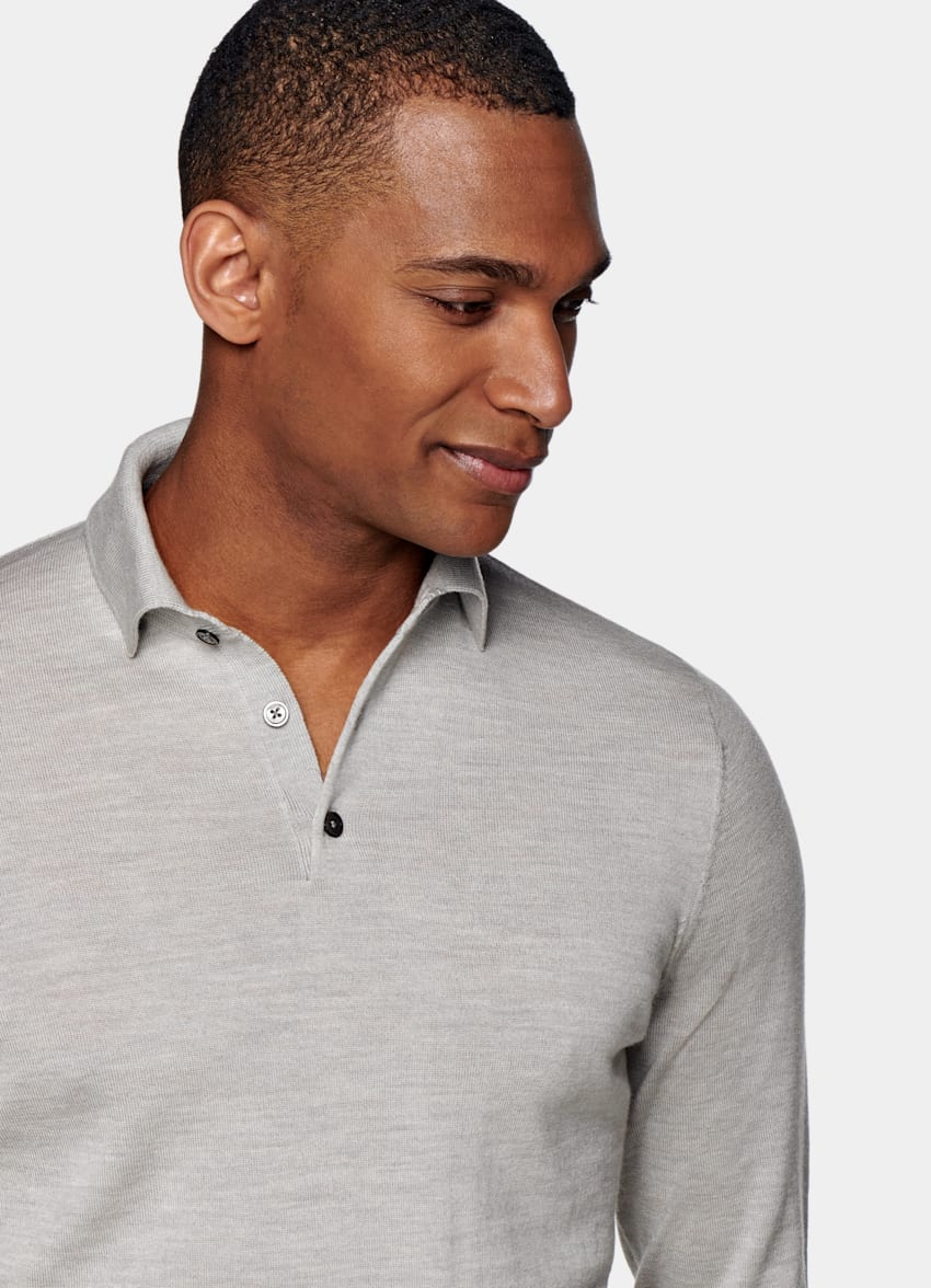 Light Grey Long Sleeve Polo Shirt Pure Merino Wool Suitsupply