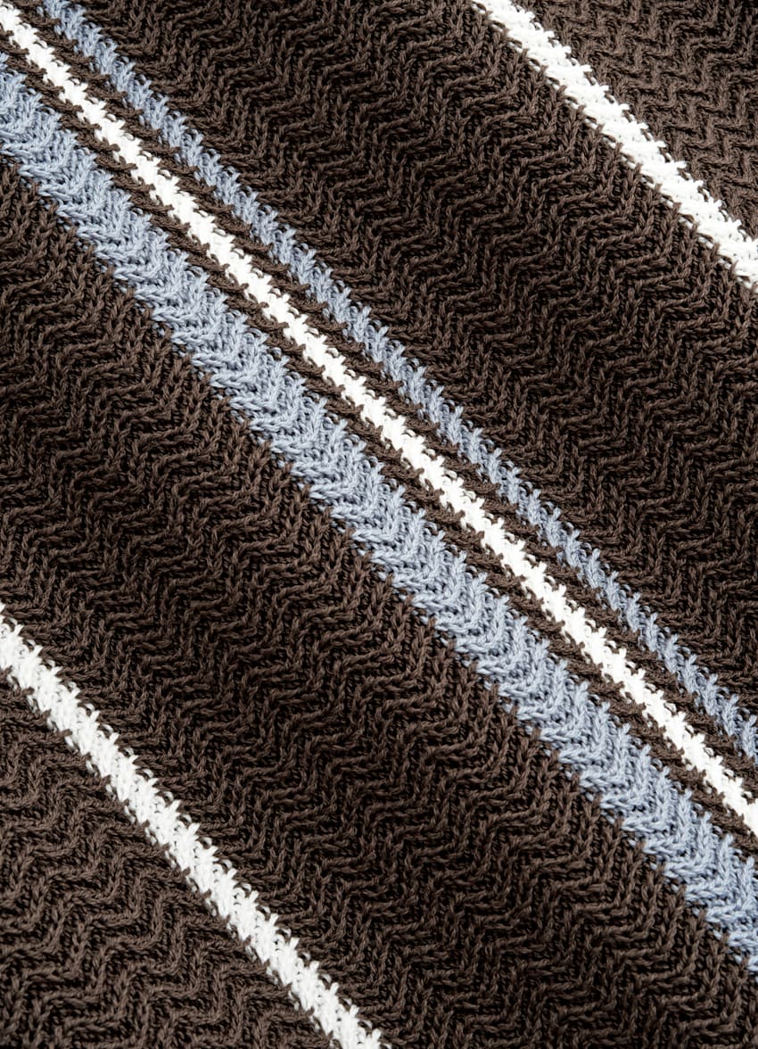 SUITSUPPLY Cotton Silk Mid Brown Striped Jacquard Short Sleeve Crewneck