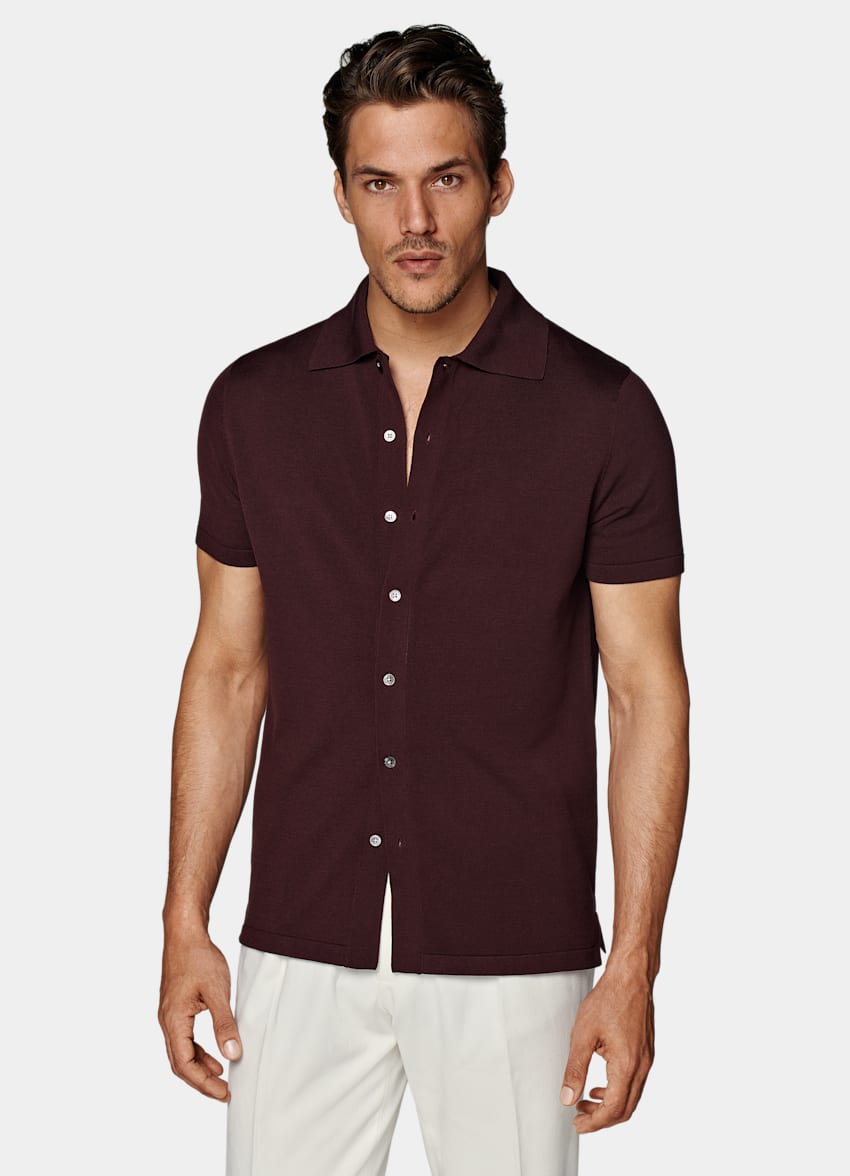 SUITSUPPLY Californian Cotton & Mulberry Silk Burgundy Polo Cardigan