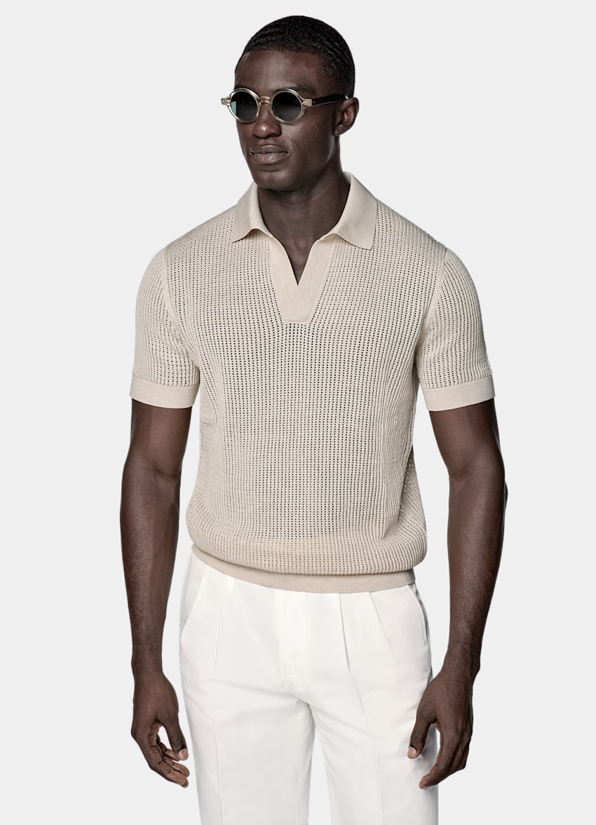 SUITSUPPLY Californian Cotton & Mulberry Silk Sand Crochet Buttonless Polo