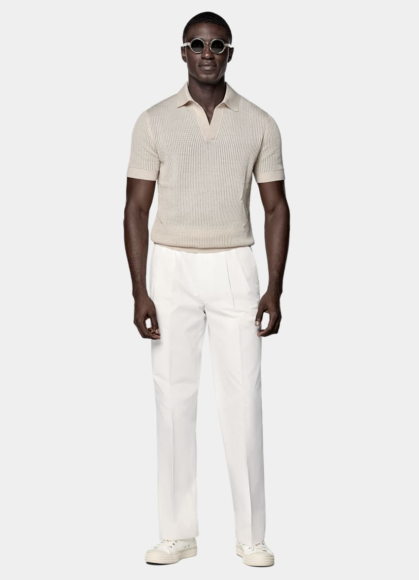 SUITSUPPLY Californian Cotton & Mulberry Silk Sand Crochet Buttonless Polo