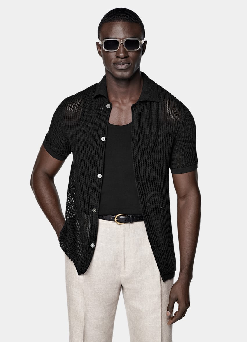 SUITSUPPLY Californian Cotton & Mulberry Silk Black Crochet Polo Cardigan
