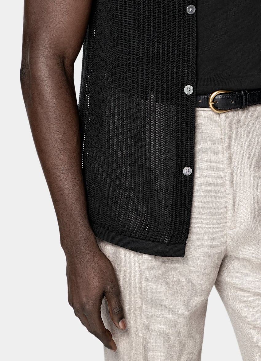 SUITSUPPLY Californian Cotton & Mulberry Silk Black Crochet Polo Cardigan