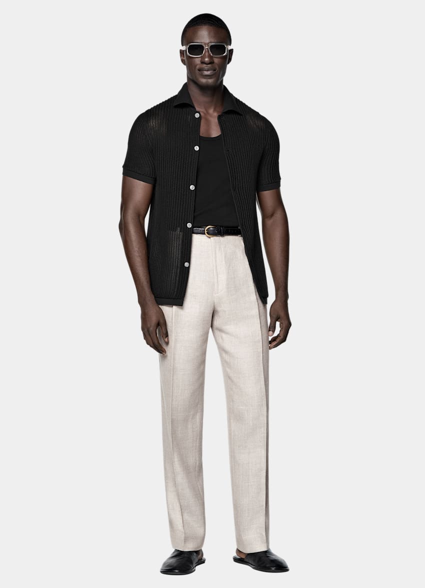 Black Crochet Polo Cardigan in Californian Cotton & Mulberry Black Crochet Polo Cardigan in Californian Cotton & Mulberry