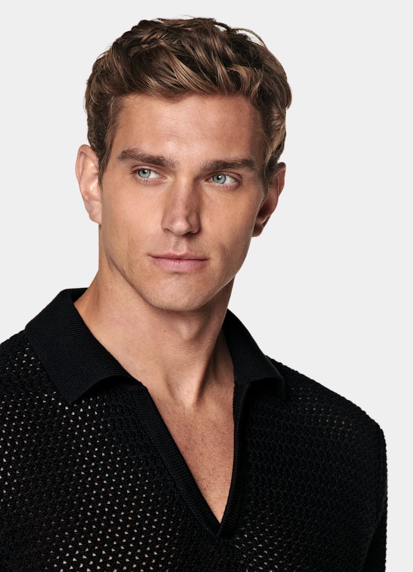 SUITSUPPLY Pure Cotton Black Crochet Buttonless Polo