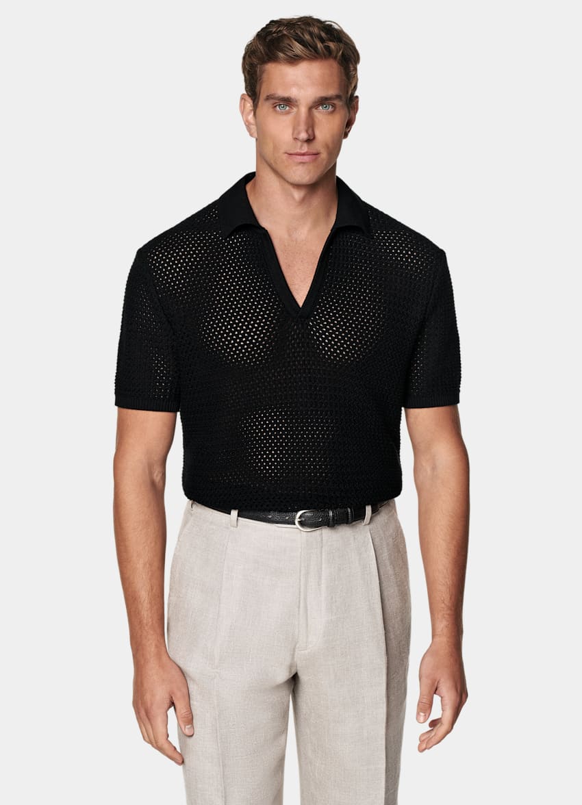 SUITSUPPLY Pure Cotton Black Crochet Buttonless Polo