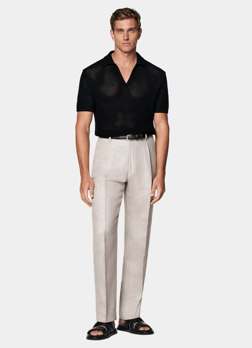 SUITSUPPLY Pure Cotton Black Crochet Buttonless Polo
