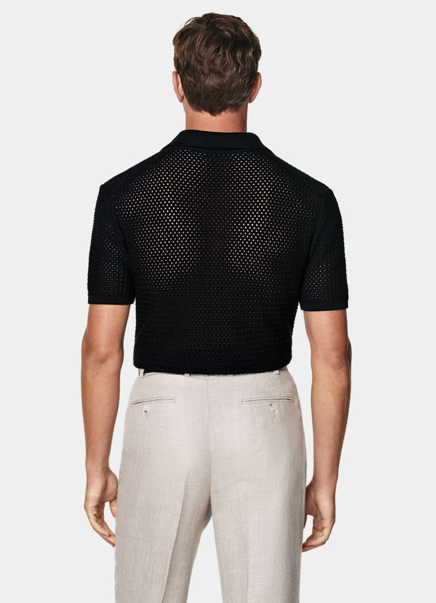 SUITSUPPLY Pure Cotton Black Crochet Buttonless Polo