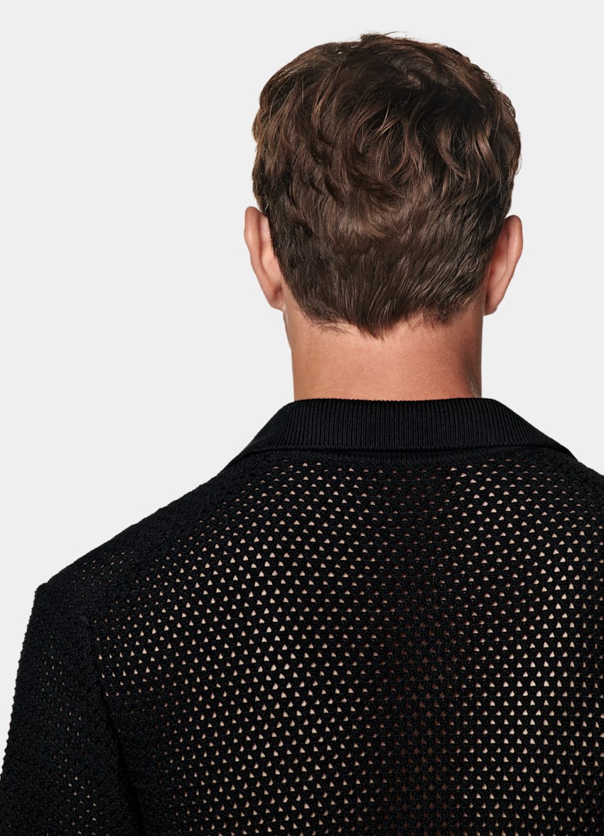 SUITSUPPLY Pure Cotton Black Crochet Buttonless Polo