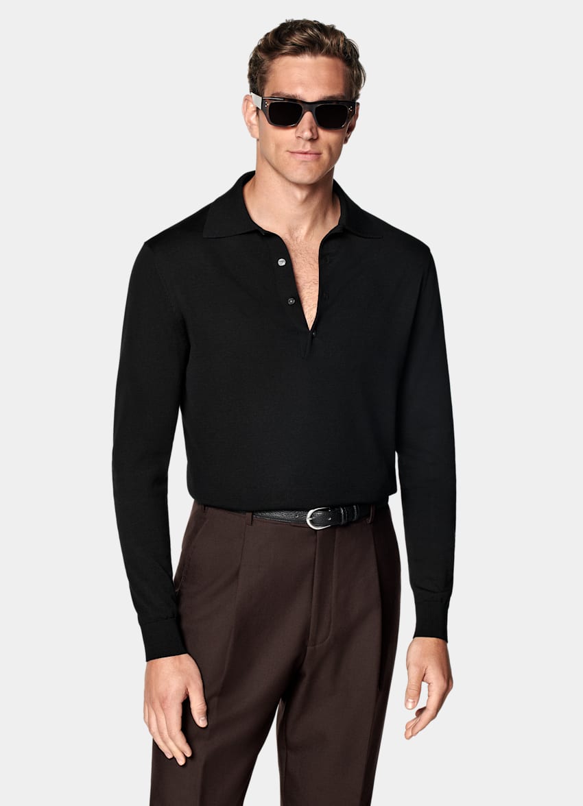 SUITSUPPLY Californian Cotton & Mulberry Silk Black Long Sleeve Polo