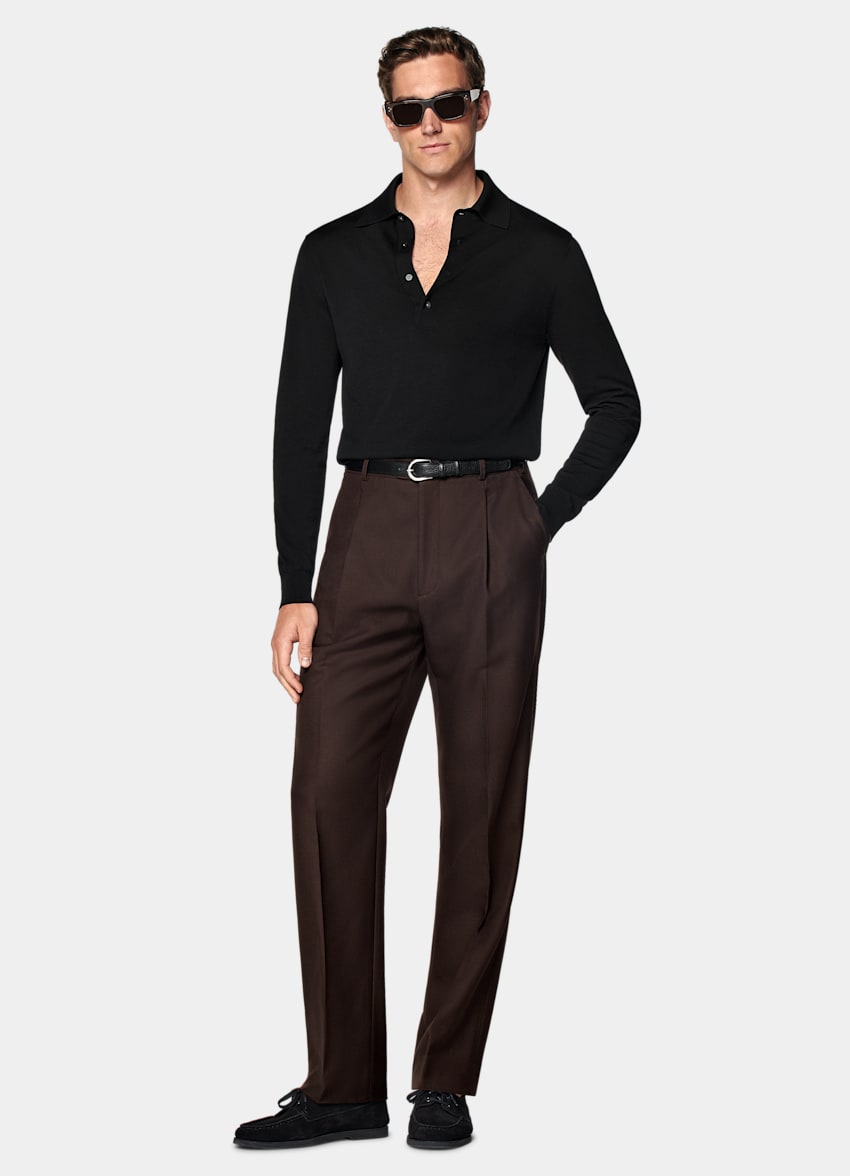 SUITSUPPLY Californian Cotton & Mulberry Silk Black Long Sleeve Polo