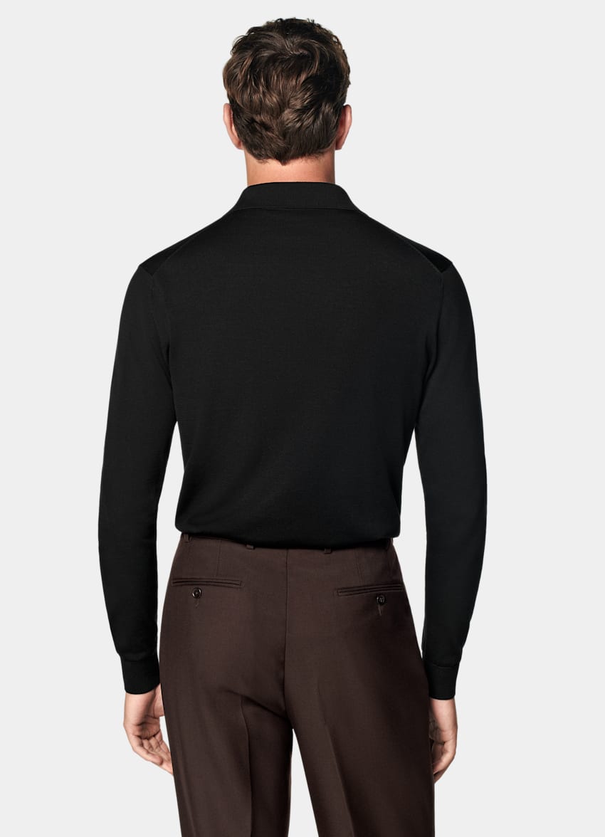 SUITSUPPLY Californian Cotton & Mulberry Silk Black Long Sleeve Polo