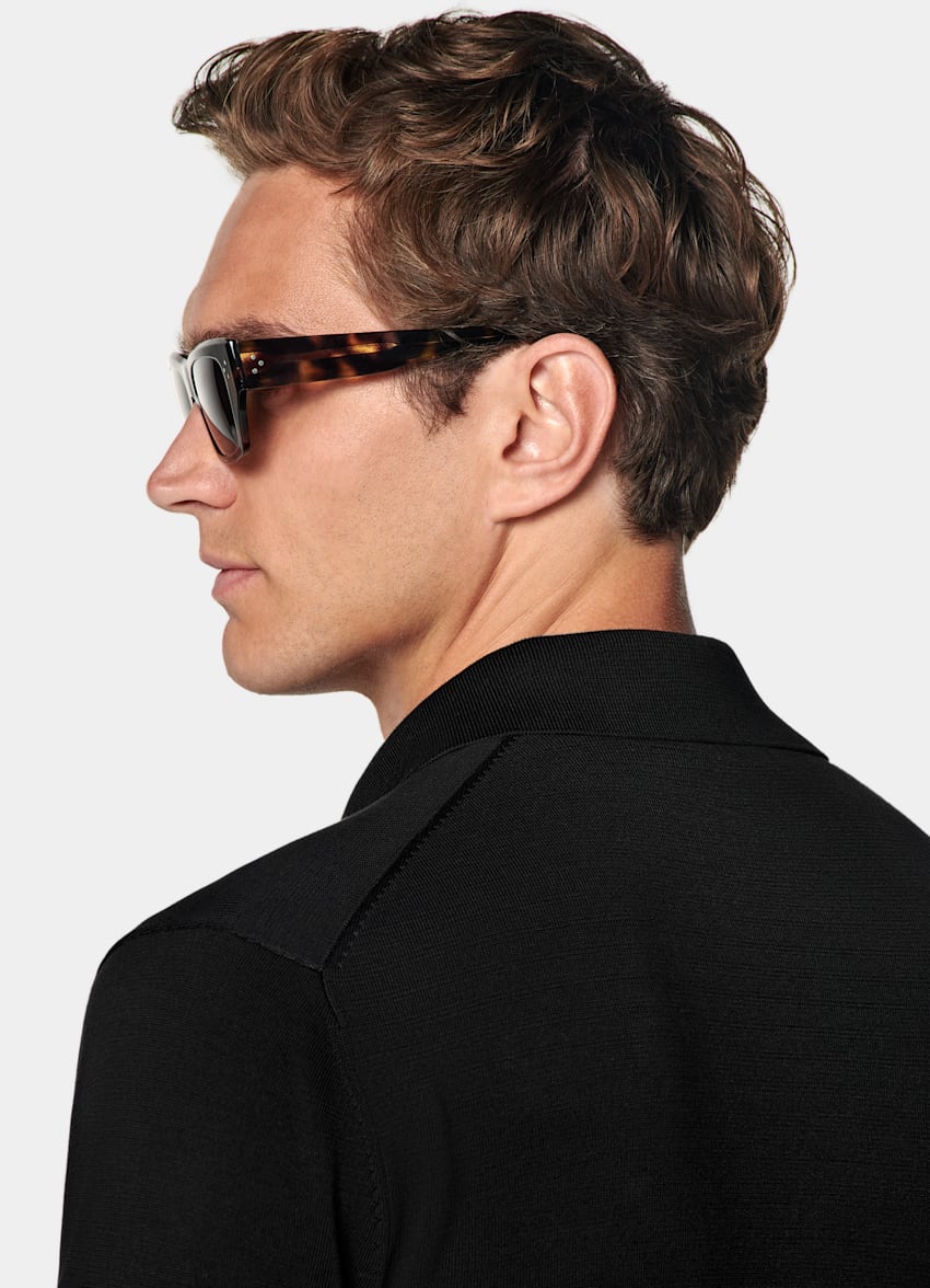 SUITSUPPLY Californian Cotton & Mulberry Silk Black Long Sleeve Polo