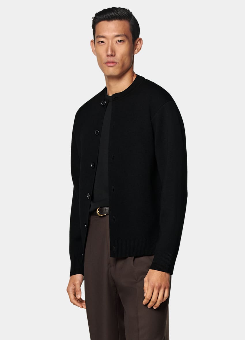 SUITSUPPLY Pure Wool Black Merino Crewneck Cardigan