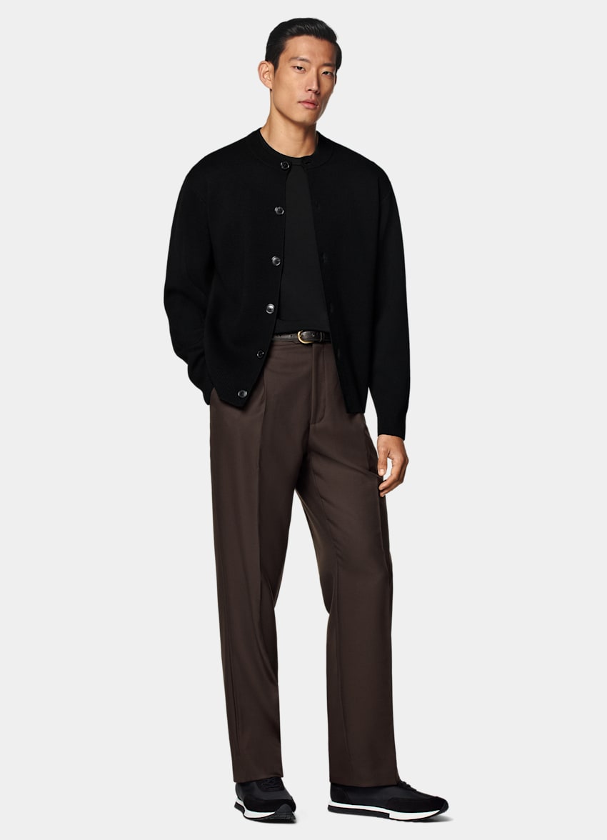SUITSUPPLY Pure Wool Black Merino Crewneck Cardigan