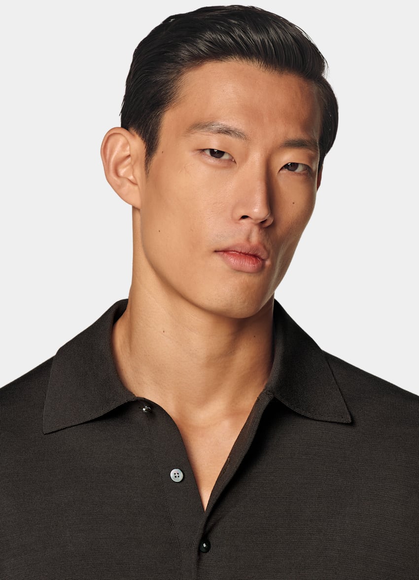 SUITSUPPLY Californian Cotton & Mulberry Silk Dark Brown Long Sleeve Polo