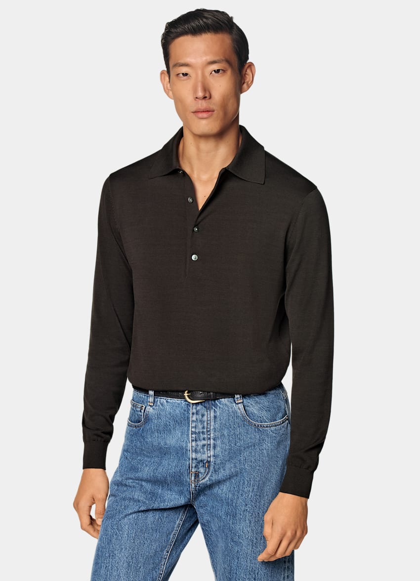 SUITSUPPLY Californian Cotton & Mulberry Silk Dark Brown Long Sleeve Polo