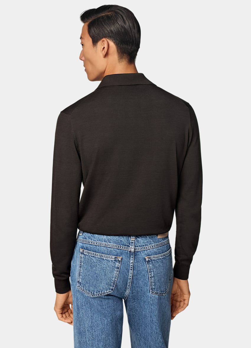 SUITSUPPLY Californian Cotton & Mulberry Silk Dark Brown Long Sleeve Polo