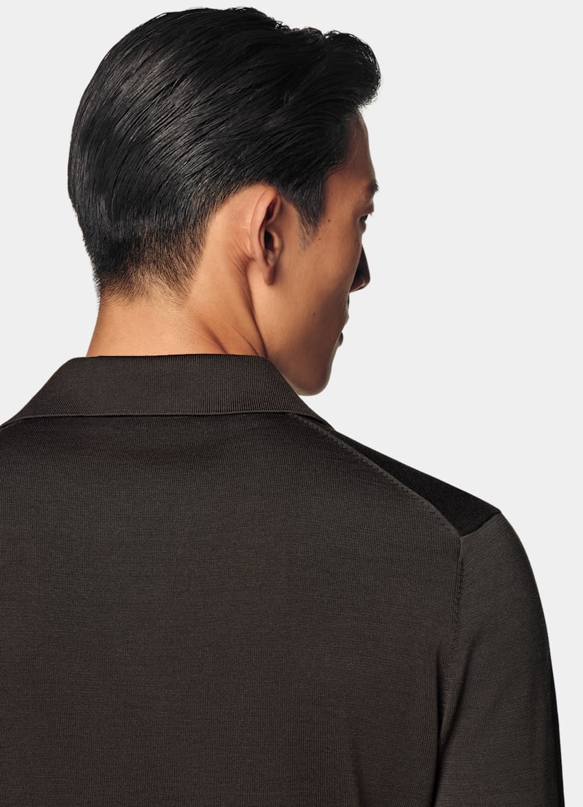 SUITSUPPLY Californian Cotton & Mulberry Silk Dark Brown Long Sleeve Polo
