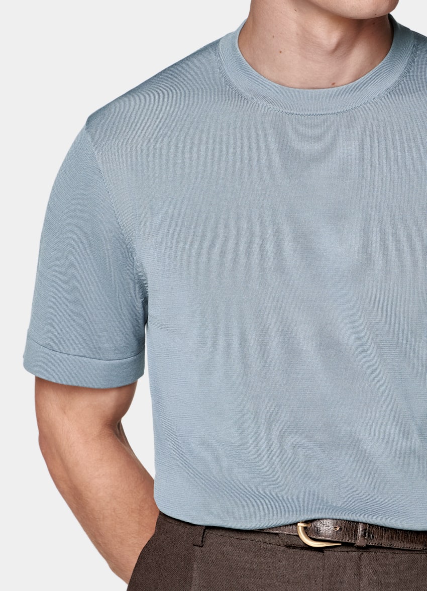 SUITSUPPLY Cotton Silk Light Blue Short Sleeve Crewneck