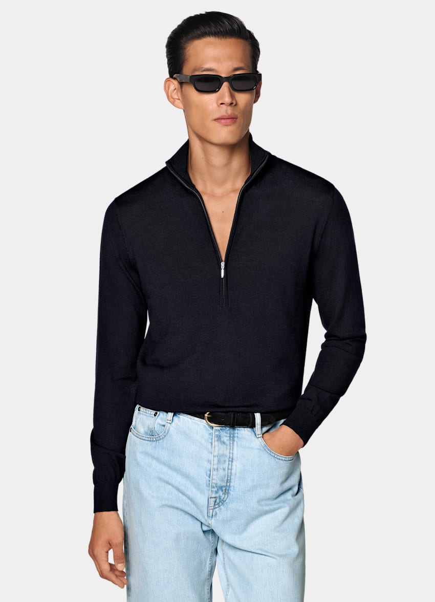SUITSUPPLY Pure laine Semi-zipp&eacute; bleu marine