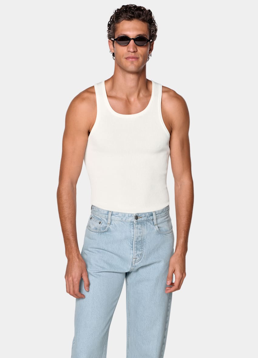 SUITSUPPLY Cotton Silk Off-White Ribbed Tank Top