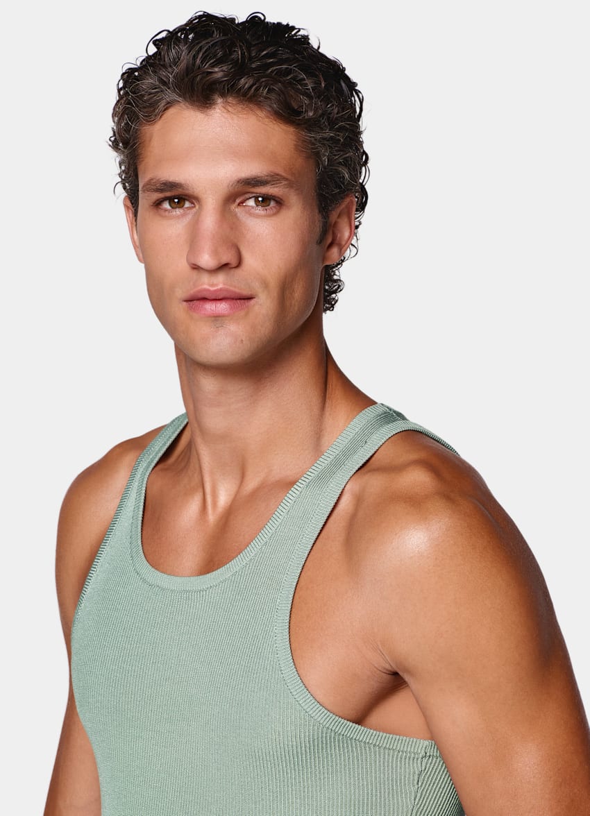 SUITSUPPLY Cotton Silk Green Ribbed Tank Top