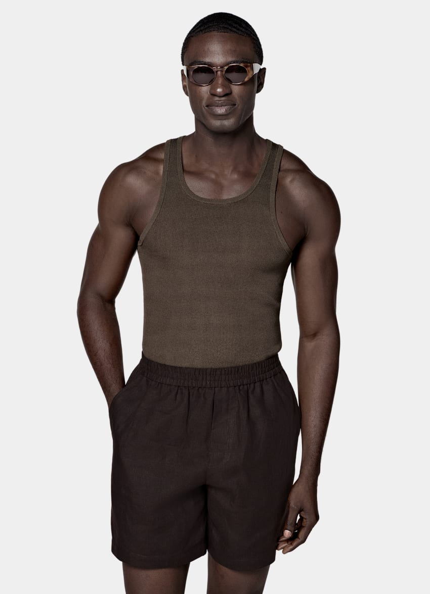 SUITSUPPLY Cotton Silk Mid Brown Ribbed Tank Top