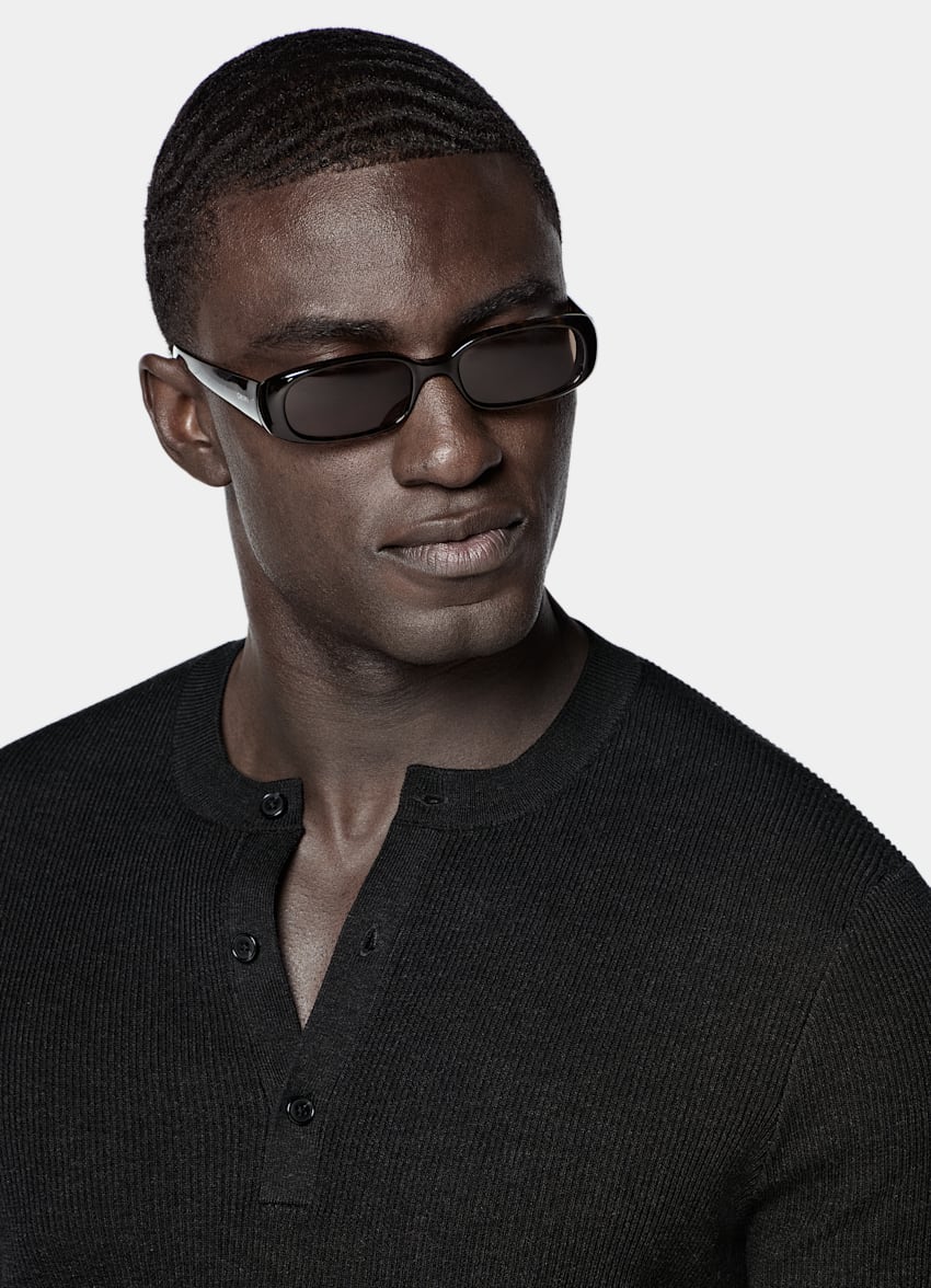 SUITSUPPLY Cotton Silk Black Short Sleeve Henley