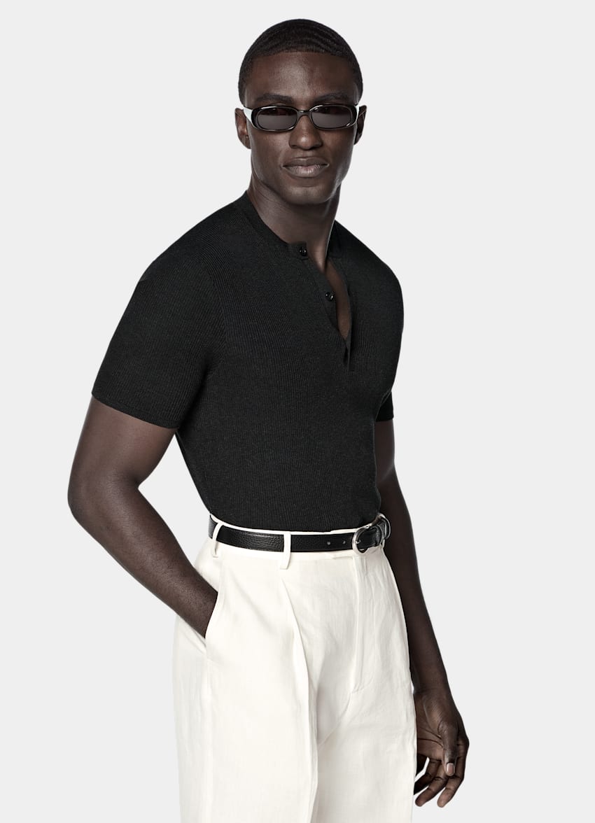 SUITSUPPLY Cotton Silk Black Short Sleeve Henley