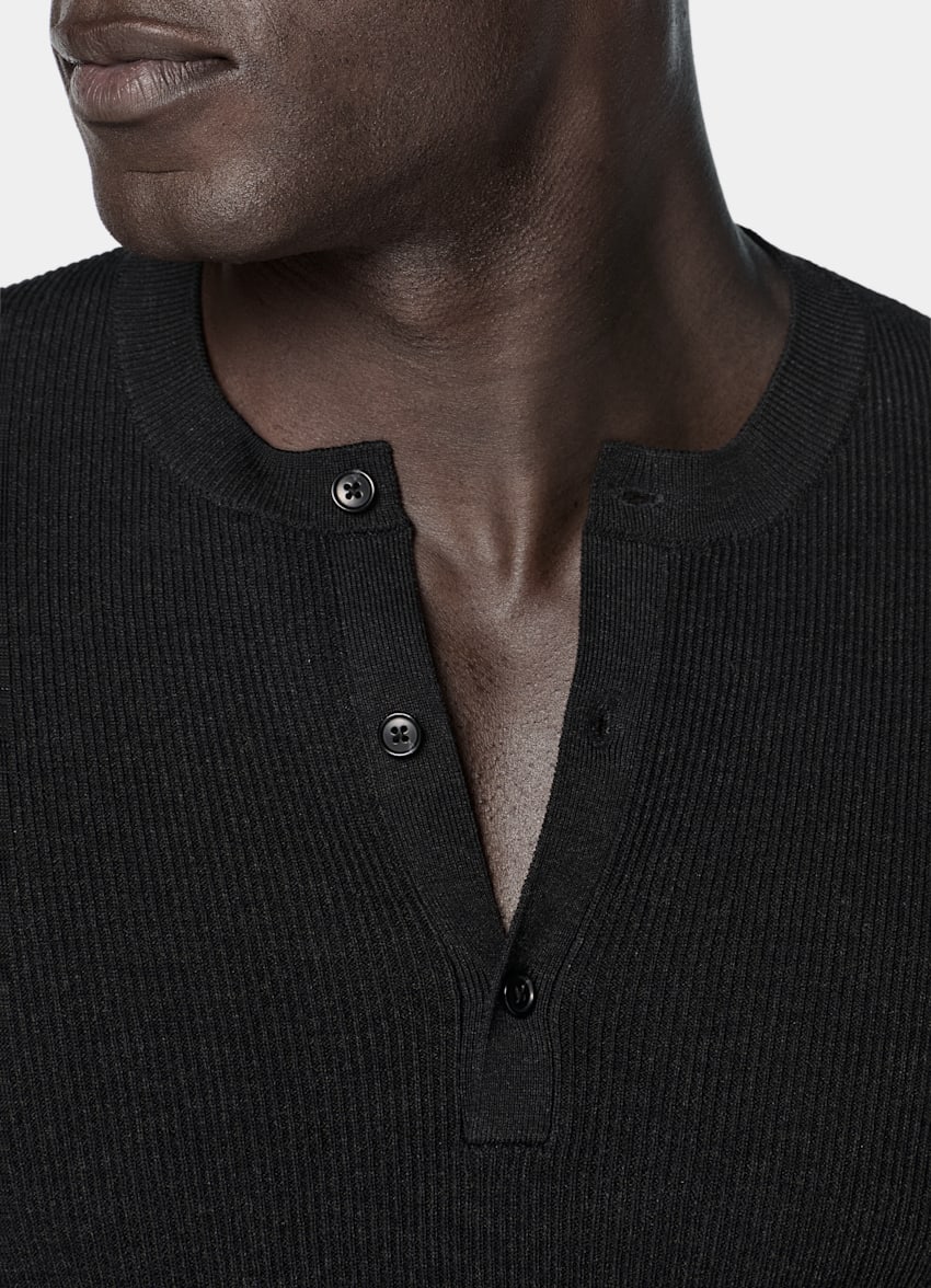 SUITSUPPLY Cotton Silk Black Short Sleeve Henley
