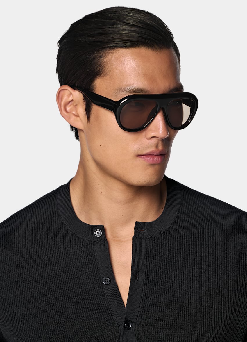 SUITSUPPLY Cotton Silk Dark Grey Ribbed Short Sleeve Henley
