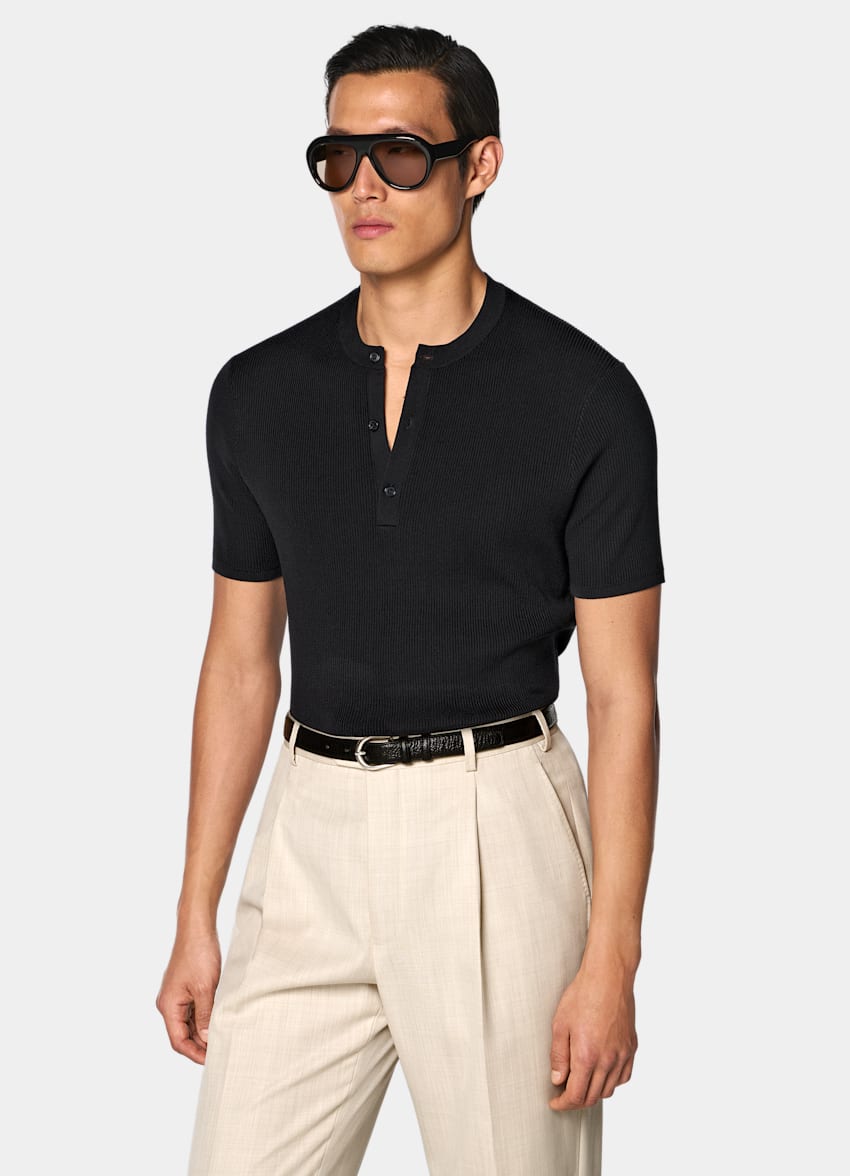 SUITSUPPLY Cotton Silk Dark Grey Ribbed Short Sleeve Henley