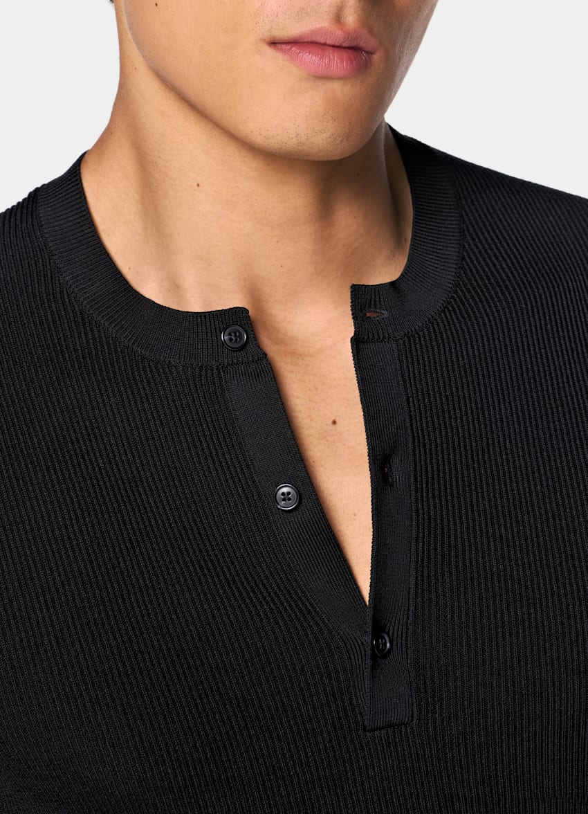 SUITSUPPLY Cotton Silk Dark Grey Ribbed Short Sleeve Henley