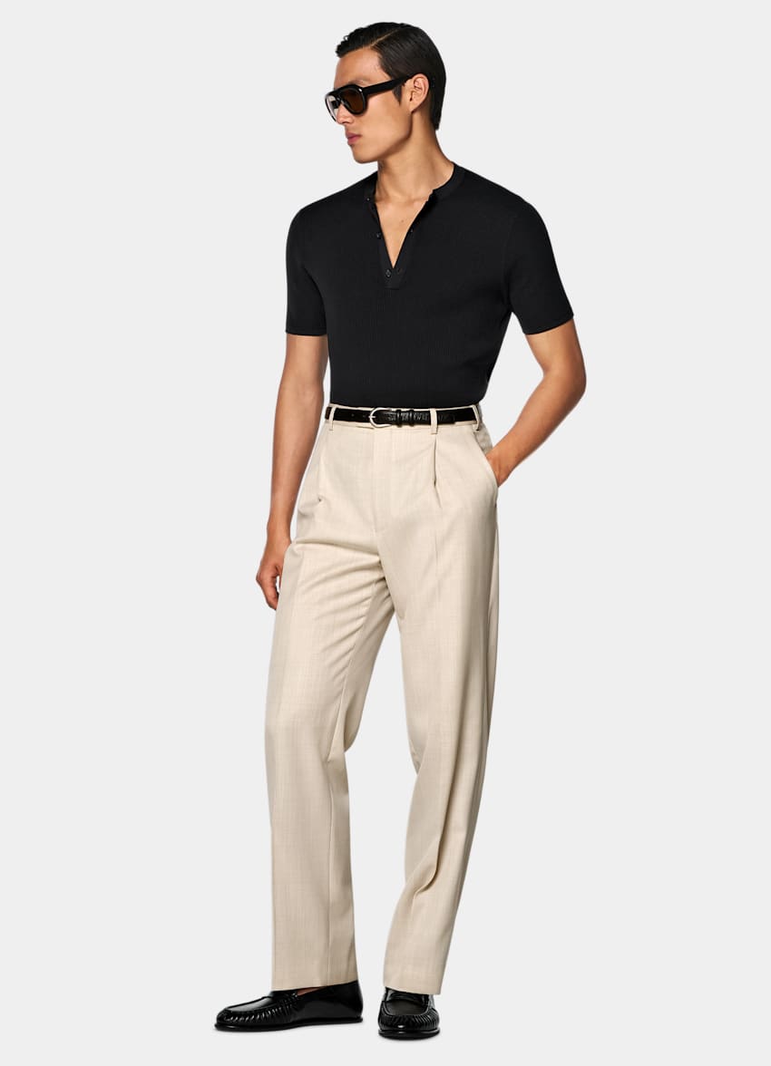 SUITSUPPLY Cotton Silk Dark Grey Ribbed Short Sleeve Henley