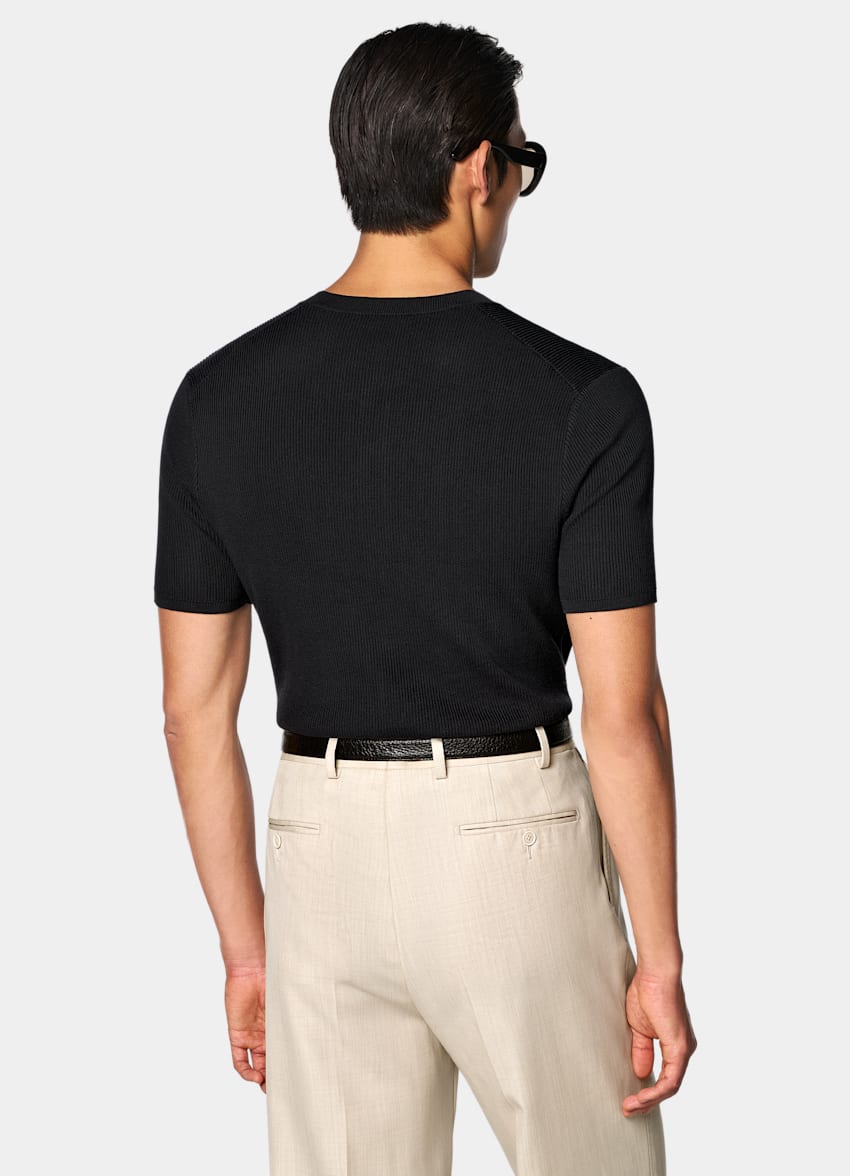 SUITSUPPLY Cotton Silk Dark Grey Ribbed Short Sleeve Henley