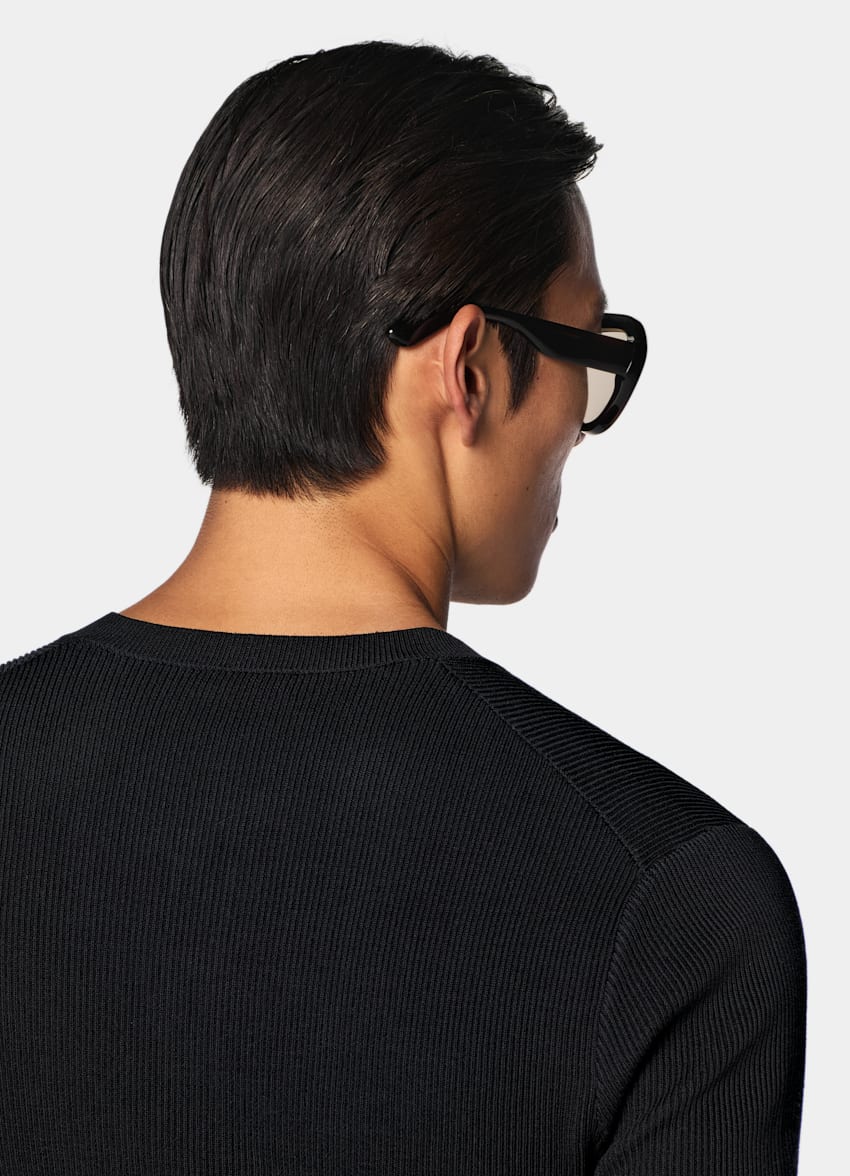 SUITSUPPLY Cotton Silk Dark Grey Ribbed Short Sleeve Henley