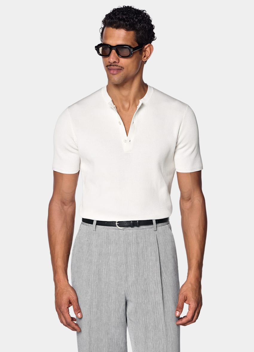 SUITSUPPLY Cotton Silk Off-White Ribbed Short Sleeve Henley