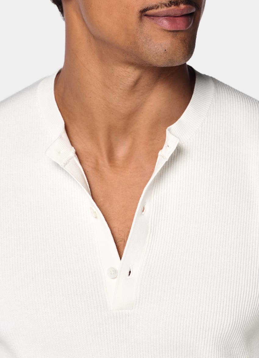 SUITSUPPLY Cotton Silk Off-White Ribbed Short Sleeve Henley