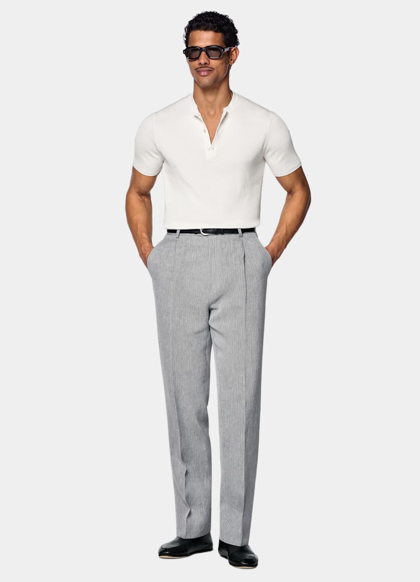 SUITSUPPLY Cotton Silk Off-White Ribbed Short Sleeve Henley