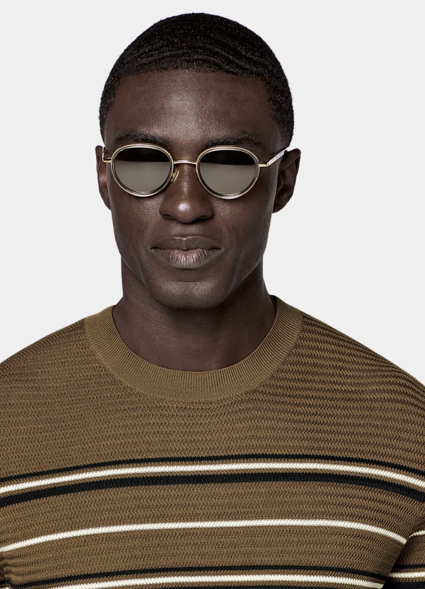 SUITSUPPLY Algod&oacute;n y seda Camiseta de jacquard verde oscuro a rayas de manga corta y cuello redondo.