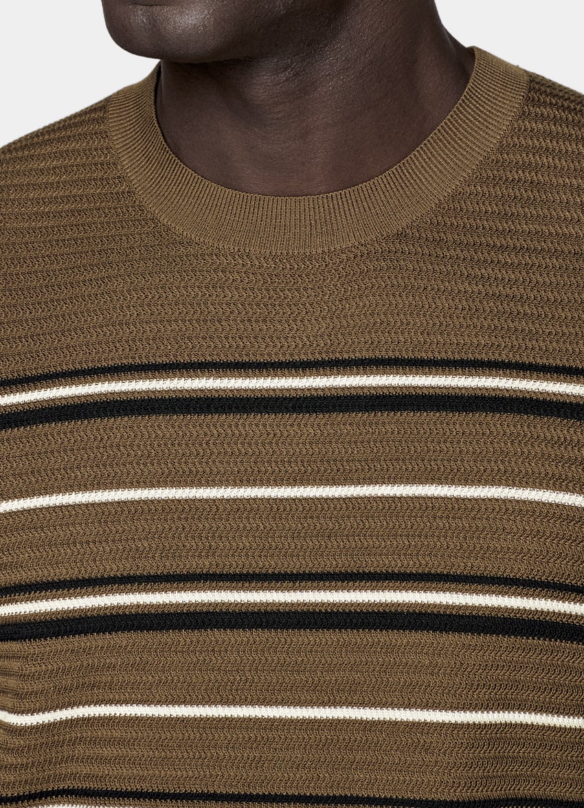 SUITSUPPLY Algod&oacute;n y seda Camiseta de jacquard verde oscuro a rayas de manga corta y cuello redondo.