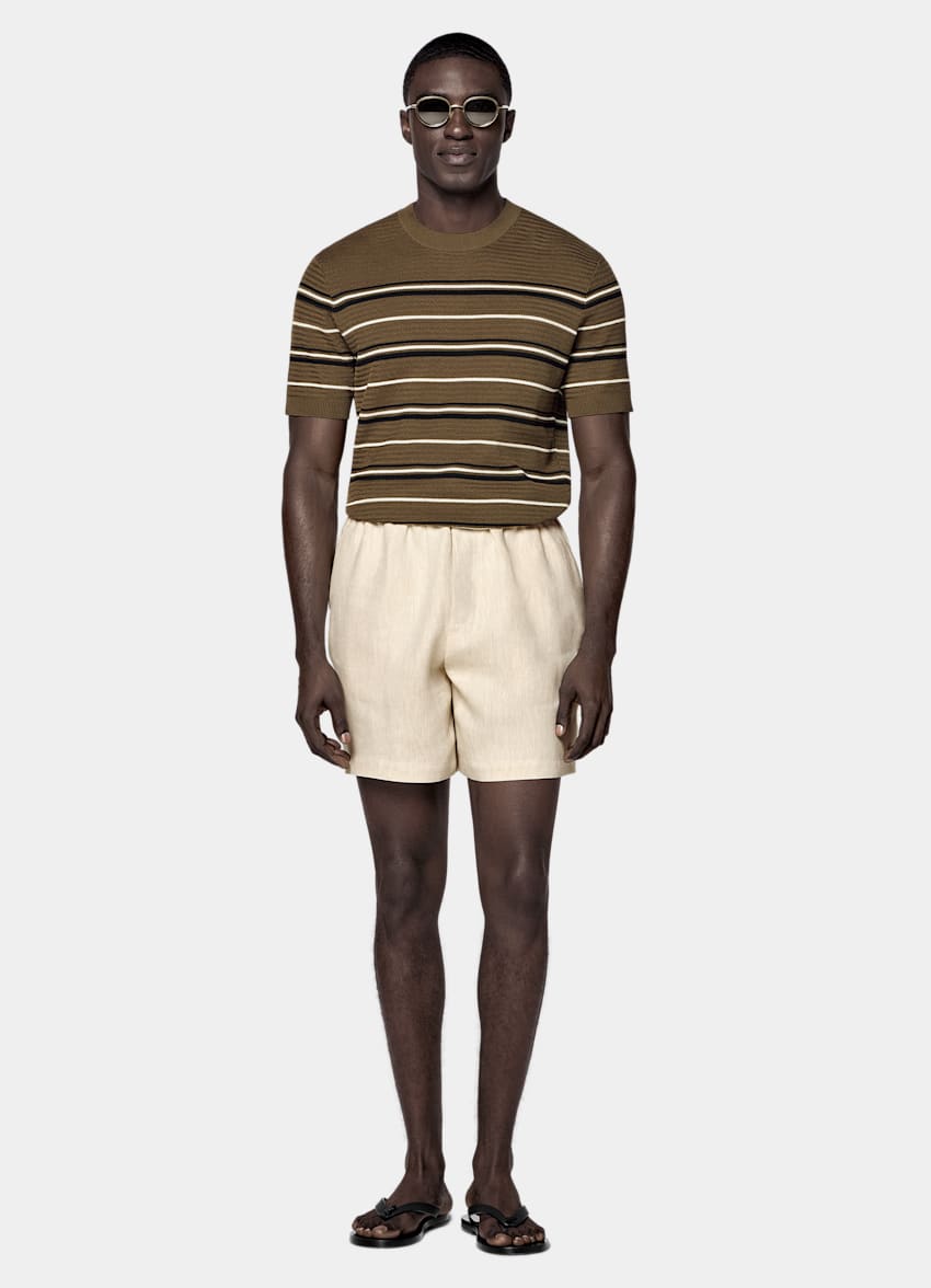 SUITSUPPLY Algod&oacute;n y seda Camiseta de jacquard verde oscuro a rayas de manga corta y cuello redondo.