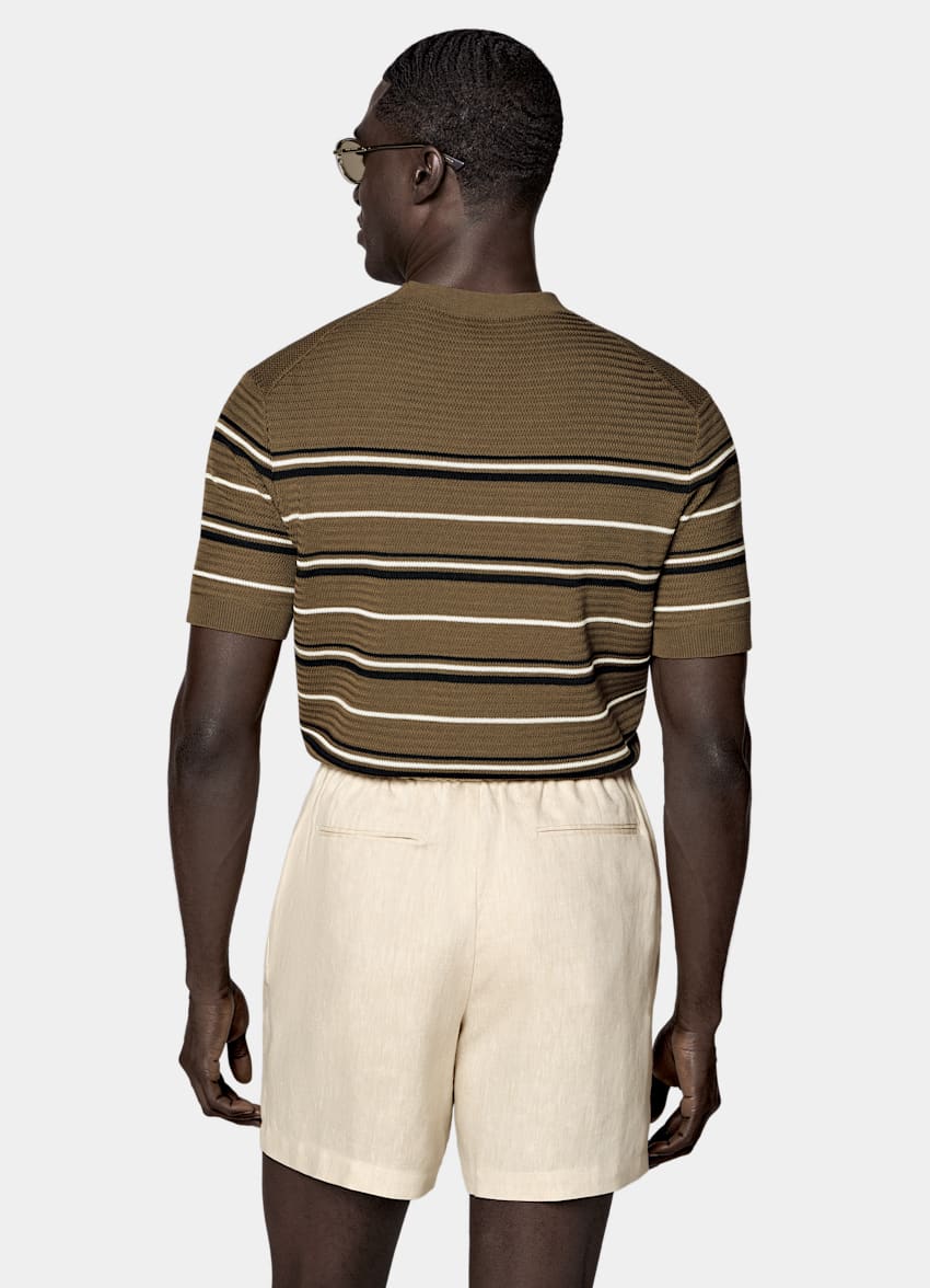 SUITSUPPLY Algod&oacute;n y seda Camiseta de jacquard verde oscuro a rayas de manga corta y cuello redondo.