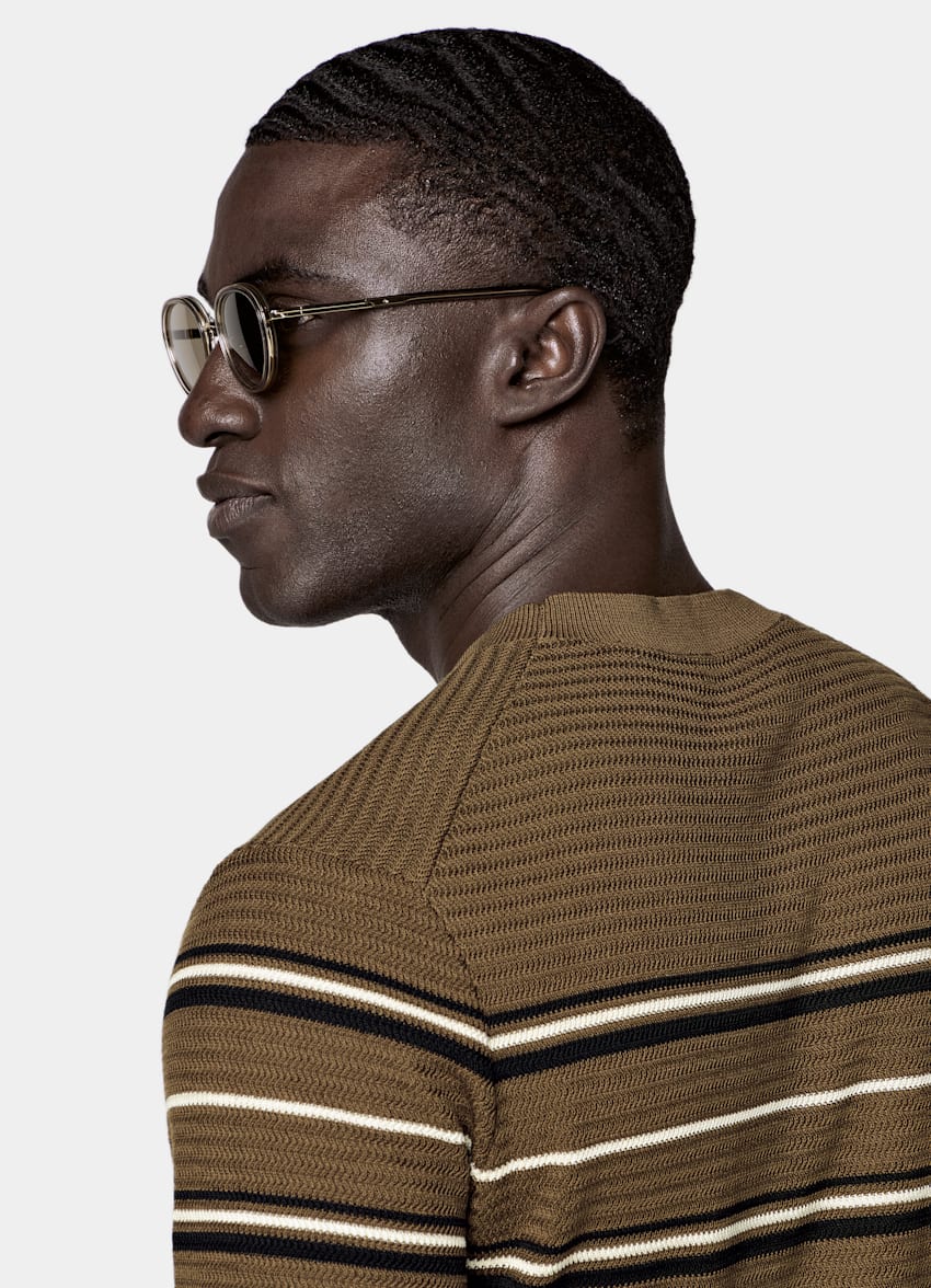 SUITSUPPLY Algod&oacute;n y seda Camiseta de jacquard verde oscuro a rayas de manga corta y cuello redondo.