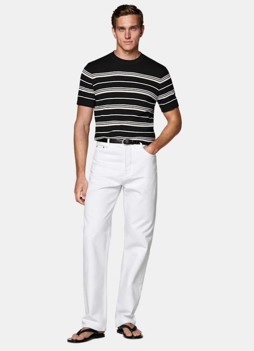 SUITSUPPLY Coton et soie Col rond en jacquard &agrave; rayures noires, manches courtes.