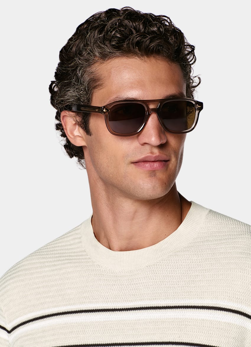 SUITSUPPLY Cotone e seta Girocollo jacquard a righe color sabbia maniche corte