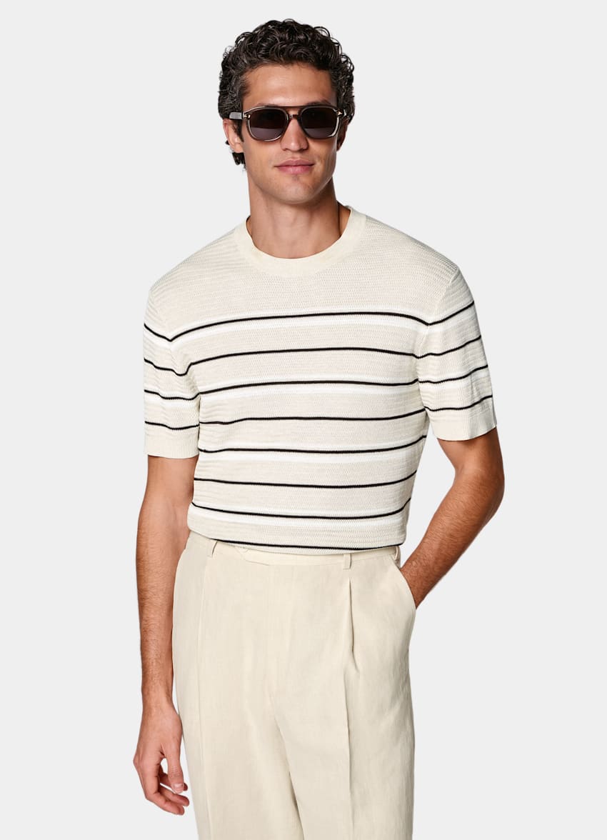 SUITSUPPLY Cotone e seta Girocollo jacquard a righe color sabbia maniche corte