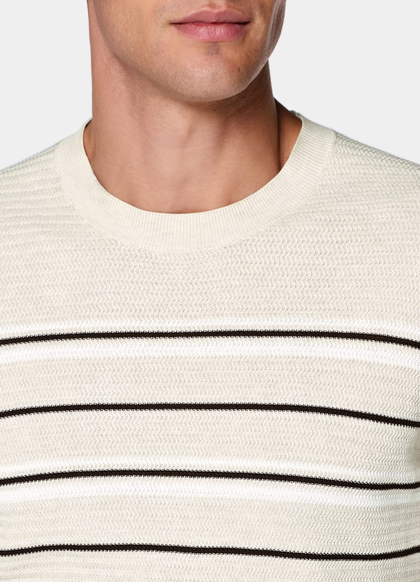 SUITSUPPLY Cotone e seta Girocollo jacquard a righe color sabbia maniche corte